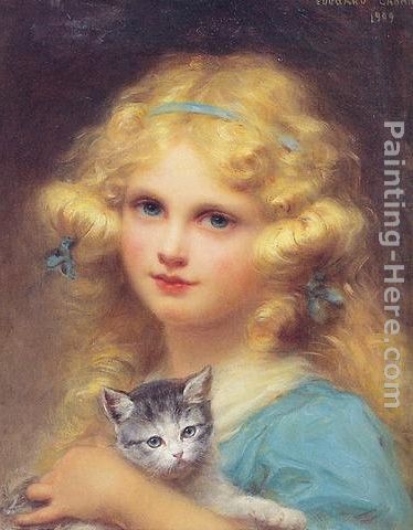 Edouard Cabane Portrait of a young girl holding a kitten